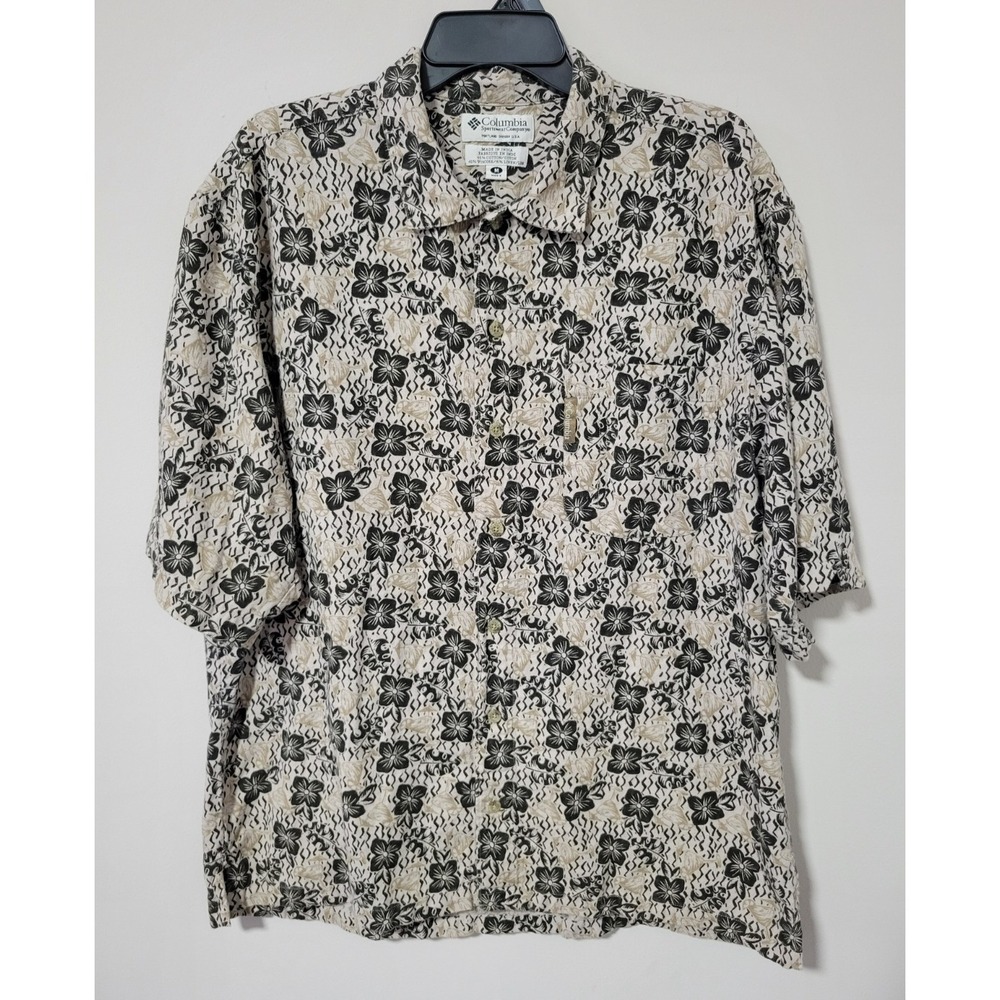 Columbia Button Up Shirt Mens Medium Hawaiian Floral Linen Outdoor Resort